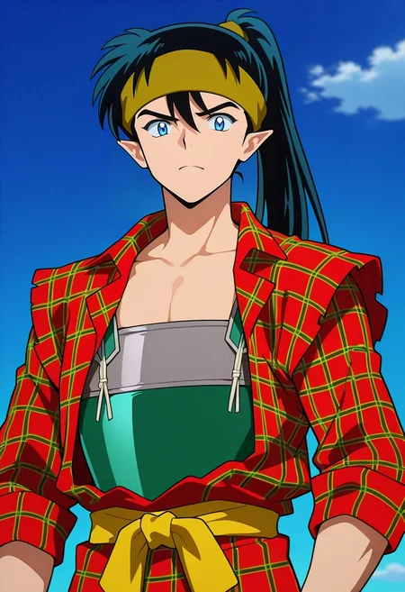 masterpiece, best quality, , anime screencap, , , looking at viewer, 1boy, solo, male focus, <lora:kouga_inuyasha_ilxl:0.94>, kouga_inuyasha, kouga \(inuyasha\), black hair, blue eyes, long hair, ponytail, pointy ears, headband, armor, , flannel shirt,