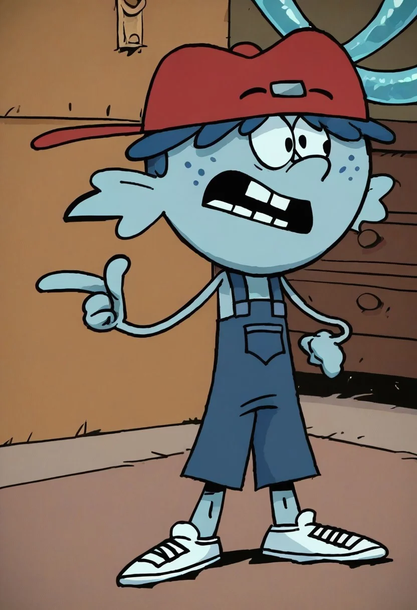 (score_9 | score_8_up | score_7_up) ((masterpiece:1))(best quality,very high quality,ultra detailed:1.2) (2D,cartoon style,anime style)(Smooth:2)(clean blurring) (four fingers on each hand,one thumb on each hand:1), Leif Loud, solo, 1boy, missing teeth, red baseball cap facing backwards, blue overalls, white shoes, light aquamarine skin color, dark-blue tentacle hair, freckles, large fins acting as ears