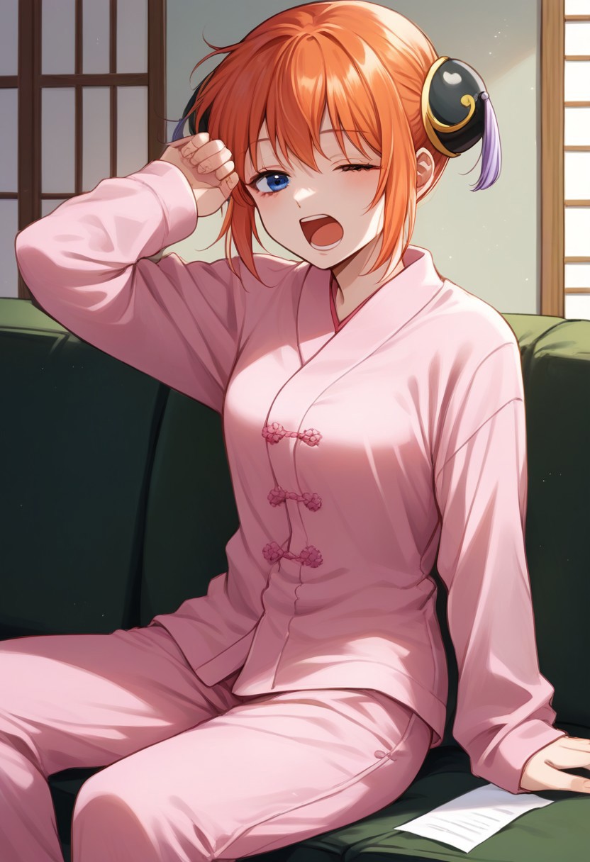 score_9, score_8_up, score_7_up, rating_safe BREAK 1girl, solo, cute, kagura_gintama, orange hair, pink pajamas, long sleeves, long pants, sitting, couch, sleepy, japanese room, paper doors,  yawn, one eye closed