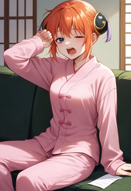 score_9, score_8_up, score_7_up, rating_safe BREAK 1girl, solo, cute, kagura_gintama, orange hair, pink pajamas, long sleeves, long pants, sitting, couch, sleepy, japanese room, paper doors, yawn, one eye closed