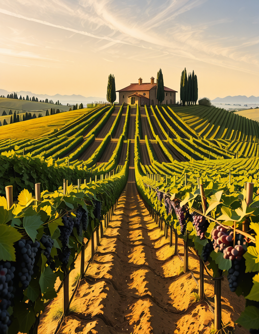 A breathtaking vineyard stretching across rolling hills, bathed in the warm golden light of late afternoon. The neatly aligned rows of grapevines are lush and vibrant, their deep green leaves contrasting with the rich, fertile soil beneath them. The vines are heavy with ripe, plump grapes in shades of deep purple and rich green, glistening under the sunlight. In the background, a rustic stone farmhouse with a terracotta roof sits atop a small hill, surrounded by tall cypress trees. A narrow dirt path winds through the vineyard, leading towards the farmhouse. The sky is a soft blue with wispy clouds scattered across the horizon. In the distance, a range of low mountains adds depth to the landscape. The atmosphere is peaceful and idyllic, evoking the charm of a traditional wine-growing region like Tuscany or Bordeaux. 
<lora:SDXLFaeTastic2400:0.4> <lora:extremely_detailed:0.4> extremely detailed
,v1n3y4rd <lora:v1n3y4rd-i:1>, Masterpiece,best quality,hi res,8k,hi res,8k,award winning,(sharp focus, intricate, highly detailed),