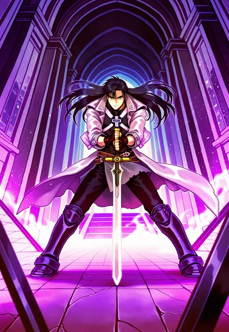 masterpiece, best quality, amazing quality, very aesthetic, absurdres, newest, 1boy, adult, male focus, hugbaldw, cutoff jacket, body harness with holy cross design, (long hair, black hair:1.1), charcoal greaves, long gray skirt, black shirt, black pants, black fingerless gloves, standing, serious expression, holding single sword, dark throne room, close up, action pose, sword