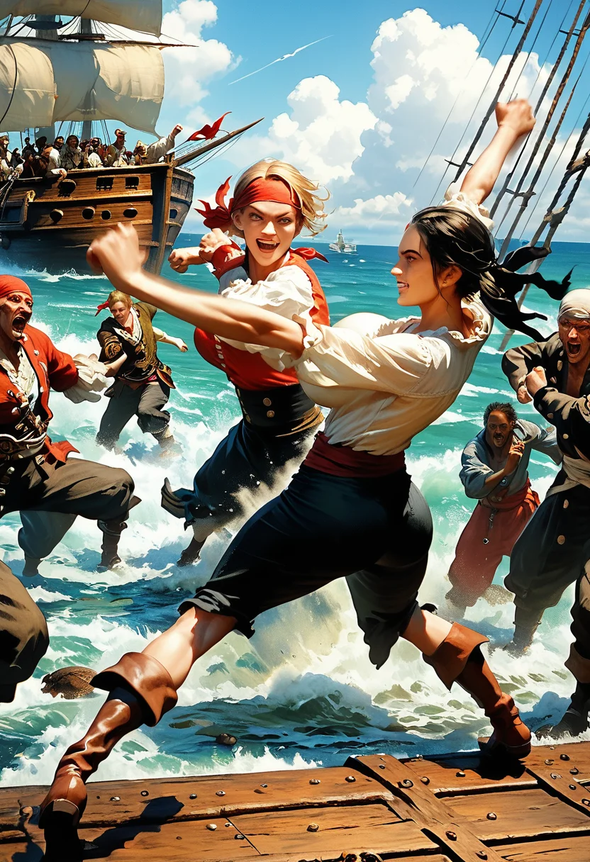 sea battle, boarding, swordfight, dramatic, dynamic action, score_9,score_8_up,score_7_up, female focus, 1girl, huge fit body, clothed, huge skirt scrunched up, realistic breasts, massive breasts, bouncing breasts, motion blur, motion lines, slim waist, small ass, toicc thighs, boots, fierce, ferocious, oversize poet shirt, blonde hair, bandana, slender, perfect face, smile, joyous expression, dominant <lora:pirates_pony_panache:1> p1r4t35, pirate, ship, in background crowd of 6+boys watching cheering , painting, traditional media, <lora:Expressive_H:0.8> Expressiveh