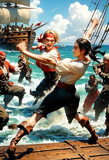 sea battle, boarding, swordfight, dramatic, dynamic action, score_9,score_8_up,score_7_up, female focus, 1girl, huge  fit body, clothed, huge skirt scrunched up,  realistic breasts, massive  breasts, bouncing breasts, motion blur, motion lines, slim waist, small ass, toicc thighs, boots, fierce, ferocious,  oversize poet shirt,  blonde hair, bandana, slender, perfect face, smile, joyous expression, dominant <lora:pirates_pony_panache:1> p1r4t35, pirate, ship,  in background crowd of 6+boys watching cheering , painting, traditional media,  <lora:Expressive_H:0.8> Expressiveh