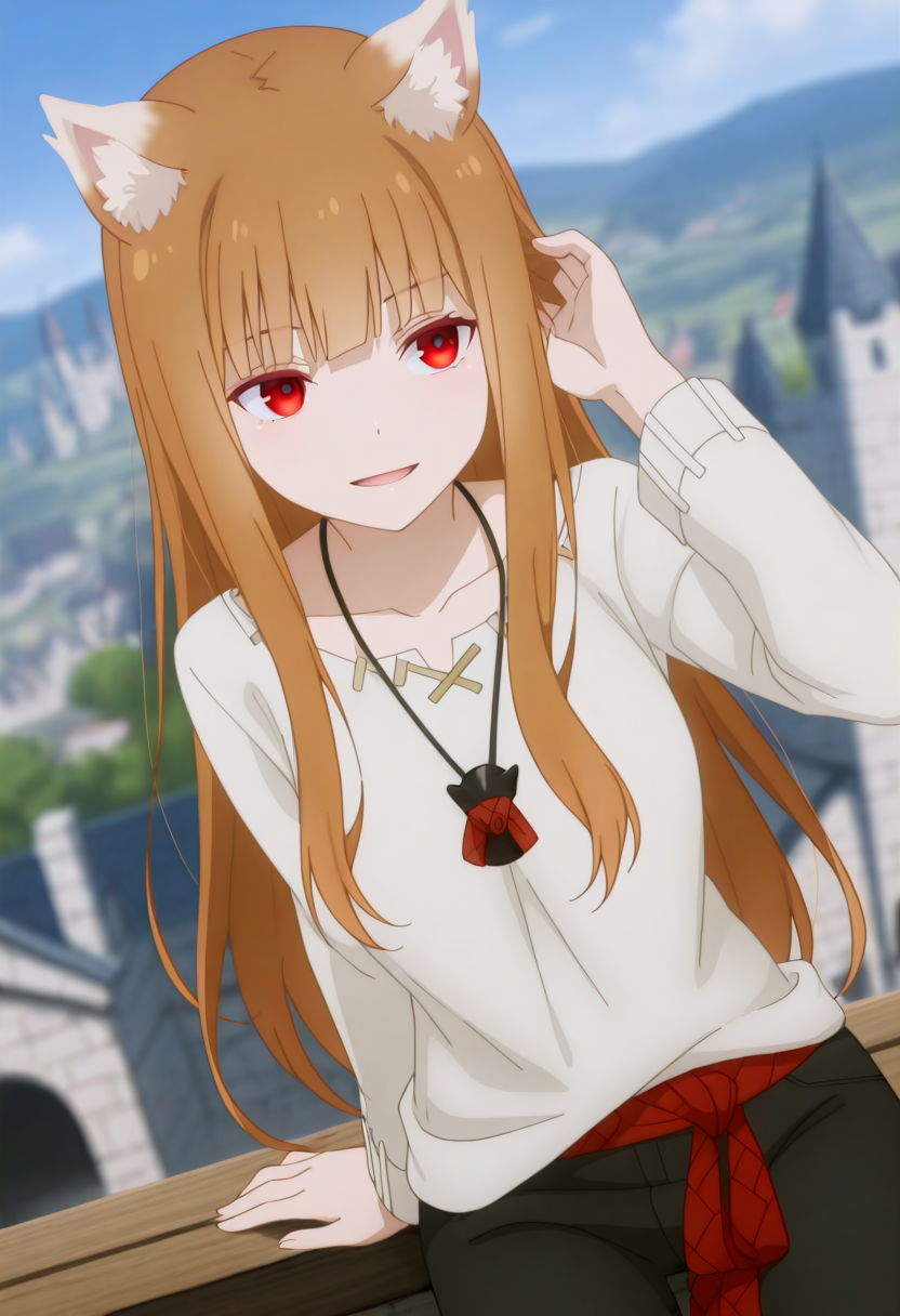 holooutfit3, 1girl, long brown hair, bangs, red eyes, fox ears, medium breast, | white shirt, long sleeves, loose shirt, black pants, cropped pants, necklace, pendant, red braided sash, 
 <lora:Holo_IL:1>,
 (Character), score_9, score_8_up, score_7_up, very aesthetic, source_anime, detailed, high quality, beautiful, masterpiece, detailed eyes, castle, village, blurry background, cityscape, pose dynamic angle, light smile, open mouth, hand on hair, sitting.