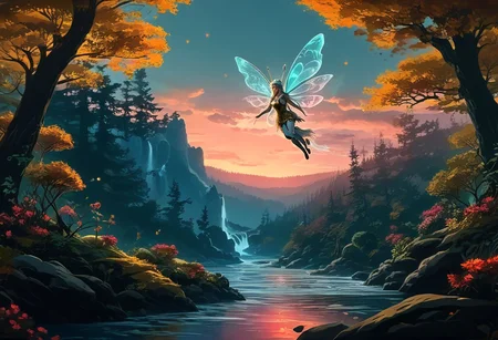 impactful color paint, highly detailed, of a cute flying elven women with butterfly wings, she is flying like a dragonfly over a lake with a beautiful waterfall in the background, she has hardly any clothes on, only leaves covering her breasts and crotch. The whole scene takes place in a dense dark fairytale forest with huge, colorful mushrooms with neon shine  instead of trees. The air is filled with magic and a light glitter.  <lora:Modern_Cartoon_Style:0.4>,  vibrant colors , 8k,   sharp,  professional, clear,   high contrast, high saturated, , vivid deep blacks, crystal clear