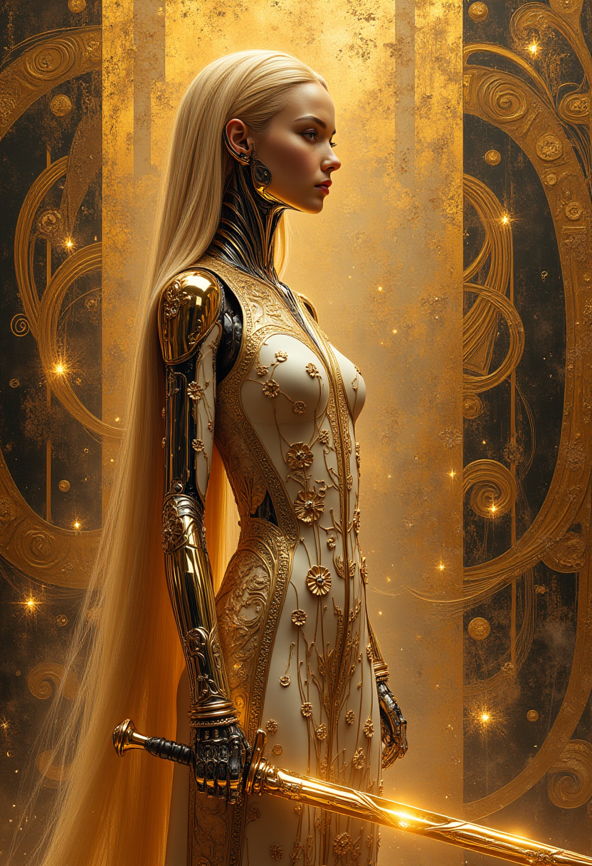 In this imaginative artwork, I envision a scene that blends the art style of Gustav Klimt with the aesthetic beauty of future mechanical technology. Klimt was an Austrian symbolist painter known for his unique floral decorative patterns, gold backgrounds, and abstract human figures. Applying this style to a cyborg idol girl warrior would create a visual effect that is both classical and modern, dreamy yet powerful.

Photo description:

In the center of the painting, a cyborg girl warrior stands with an elegant posture. Her body is made of smooth metal and transparent fiberglass, shimmering with soft and enchanting light. Her hair falls softly like golden silk, each strand seemingly embedded with tiny gems, emitting a warm glow.

The mechanical girl's face is delicate and fine, her large eyes bright and focused, lips tightly closed as if waiting for the call to battle. The skin on her body features floral patterns similar to those often found in Klimt's works, but these patterns are meticulously engraved by metallic lines and smooth surfaces, showcasing both mechanical aesthetics and maintaining the art style's gracefulness.

The warrior wears a dress adorned with gold feather edges and complex armor designs, elements also commonly seen in Klimt's work. Her weapon is an exquisitely crafted mechanical longsword, its blade composed of multiple layers of intersecting metal strips, each layer delicately engraved with abstract floral patterns, the tip of the sword flashing with sharp yet elegant light.

The warrior stands in an environment full of futuristic technological feel, against a backdrop of large devices made from flowing metallic lines and shimmering electronic ribbons that seem to power her battle. The entire scene is shrouded in a layer of golden mist, giving off a sense of mystery and power simultaneously.

This photo creates a unique charm and extraordinary capability for the cyborg idol girl warrior by combining Gustav Klimt's art style with the aesthetic beauty of future mechanical technology, presenting a visual effect that is both classical and modern, dreamy yet powerful.

8k,uhd,hdr,best quality,hyper detail,ray tracing,cinematic feel,professional photography lighting.

midjourneyv6.1.