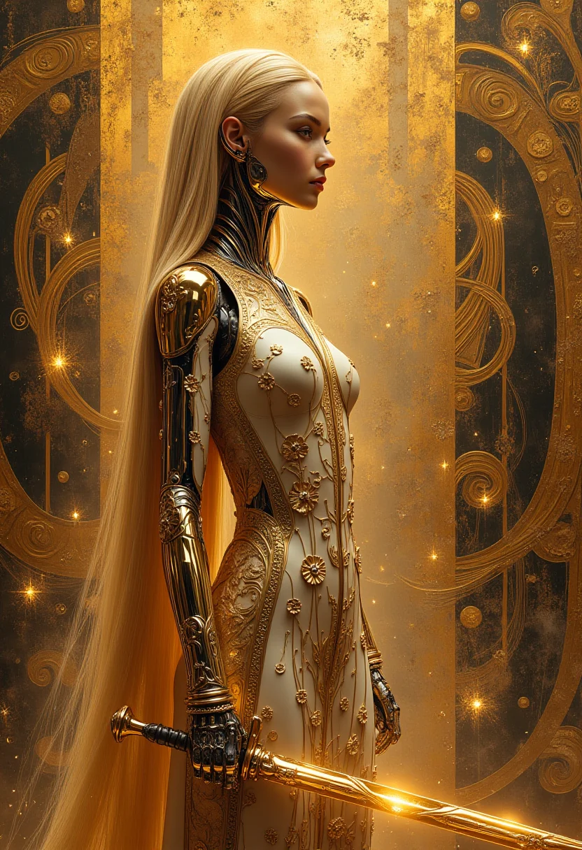 In this imaginative artwork, I envision a scene that blends the art style of Gustav Klimt with the aesthetic beauty of future mechanical technology. Klimt was an Austrian symbolist painter known for his unique floral decorative patterns, gold backgrounds, and abstract human figures. Applying this style to a cyborg idol girl warrior would create a visual effect that is both classical and modern, dreamy yet powerful.
Photo description:
In the center of the painting, a cyborg girl warrior stands with an elegant posture. Her body is made of smooth metal and transparent fiberglass, shimmering with soft and enchanting light. Her hair falls softly like golden silk, each strand seemingly embedded with tiny gems, emitting a warm glow.
The mechanical girl's face is delicate and fine, her large eyes bright and focused, lips tightly closed as if waiting for the call to battle. The skin on her body features floral patterns similar to those often found in Klimt's works, but these patterns are meticulously engraved by metallic lines and smooth surfaces, showcasing both mechanical aesthetics and maintaining the art style's gracefulness.
The warrior wears a dress adorned with gold feather edges and complex armor designs, elements also commonly seen in Klimt's work. Her weapon is an exquisitely crafted mechanical longsword, its blade composed of multiple layers of intersecting metal strips, each layer delicately engraved with abstract floral patterns, the tip of the sword flashing with sharp yet elegant light.
The warrior stands in an environment full of futuristic technological feel, against a backdrop of large devices made from flowing metallic lines and shimmering electronic ribbons that seem to power her battle. The entire scene is shrouded in a layer of golden mist, giving off a sense of mystery and power simultaneously.
This photo creates a unique charm and extraordinary capability for the cyborg idol girl warrior by combining Gustav Klimt's art style with the aesthetic beauty of future mechanical technology, presenting a visual effect that is both classical and modern, dreamy yet powerful.
8k,uhd,hdr,best quality,hyper detail,ray tracing,cinematic feel,professional photography lighting.
midjourneyv6.1.