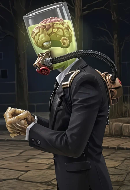 Detailed, masterpiece, side view  stylish,  2d drawing, dhfred adjusting tie,  black suit, 1boy, , solo, rotting bony hands