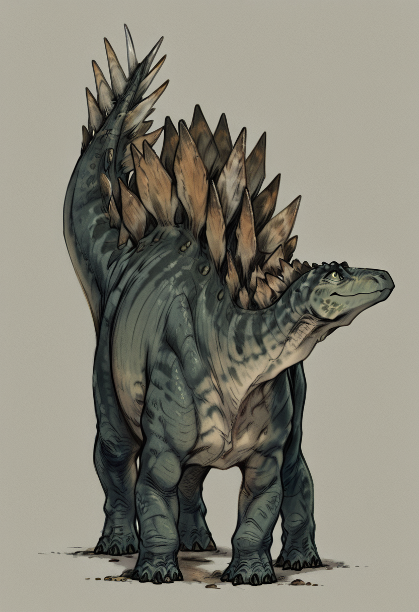 masterpiece, best quality,    zzStego, solo, smile, simple background, standing, tail, full body, grey background, looking up, claws,  ,<lora:StegosaurusDinosaur_IXL:1.0>,