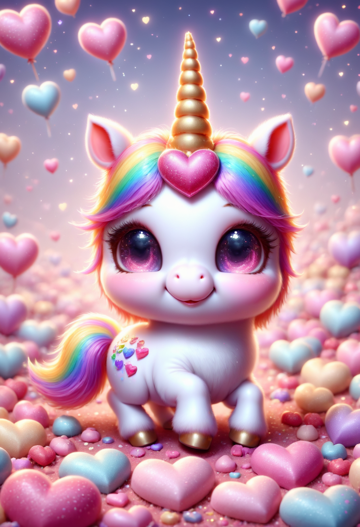 A pastel-colored chibi unicorn with a heart-shaped mark on its cheek, surrounded by sparkles and candy hearts. (incredibly absurdres, ultra-detailed, CG, unity, 8k wallpaper), (masterpiece), pinkchibivalentine, <lora:PinkieChibiValentineSDXL:1>,