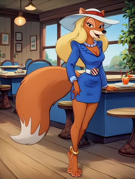 score_9, score_8_up, score_7_up, toon \(style\),ultra high quality,ultra high resolution,ultra ,full body, seductive, very realistic,(extremely detailed), detailed background,,(masterpiece, best quality, high quality, highres, ultra-detailed), ,long legs,fany restaurant,seductive open smile,open mouth,chairs,tables, <lora:Muffy_Vanderschmere_Talespin:0.9> an image of muffy, white headwear, toon (style), flat color, long hair, blonde hair, muffy, fox girl, cleavage, furry, pearl necklace, white belt, fox ears, fox tail, business suit, blue business suit, anklet, long eyelashes, brown fur,long legs,restaurant background,