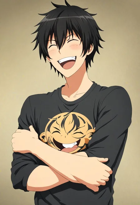 high resolution, solo, best quality, 1Boy, Kanie Seiya, Black Hair, laughing, very happy, looking at viewer,, OverallDetail