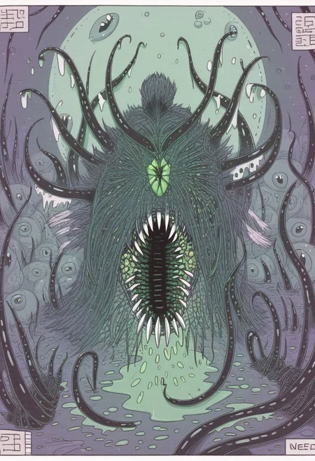green Cthulhu, tentacles, open mouth, sharp teeth, dark swamp, big, massive, bioluminescent mushrooms, fireflies, eerie moon