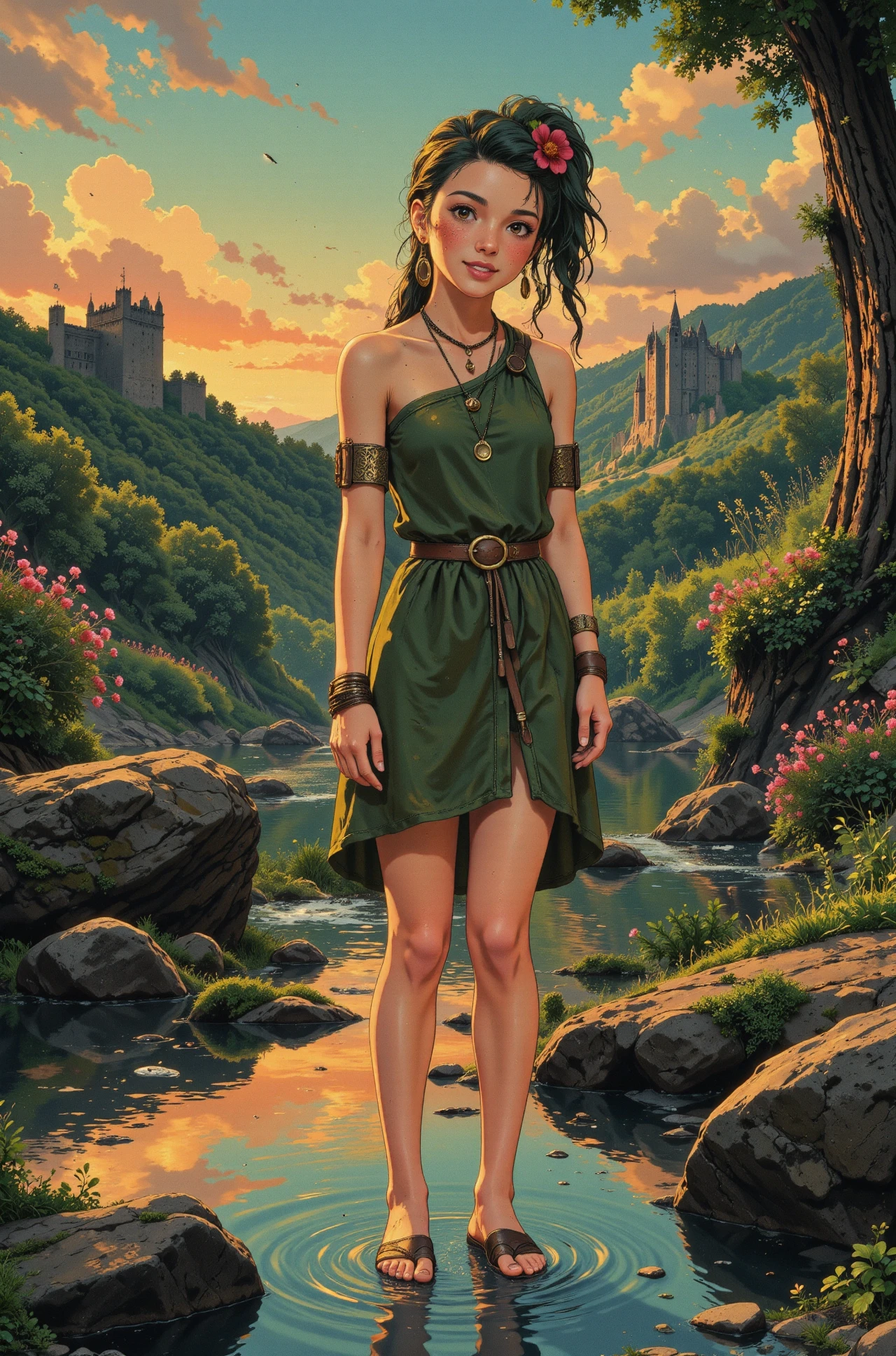 cornrows green hair young woman, druid, anime, illustration, extremely detailed, portrait, standing, happy smile, flower in hair, glossy lipstick, celtic necklace, dangle earrings, loincloth, sandals,  Birch druid short dress, legs, sharp focus, fantasy, celtic landscape, small rock, moss, ripples, reflections, celtic  castle, small river pond, druid forest, druid village, stunning nature environment, enchanted land, clovers, Bright Flamingo Pink flowers, best quality, colorful, wet floor, bright sunny sky, sunset, raytracing, hdr, high contrast, ethereal natural lights, backlight, lens flare, shadows, vibrant colors, colorful, pretty, beautiful, happy, smiling, feminine, sexy, lovely, in love, adorable, fashion,  <lora:Hand v2:1> <lora:Anti-Blur:1><lora:Insane Detail Slider:0.5>  <lora:flux.1_lora_flyway_Epic-detail_v2:0.3><lora:fluxenhancer:0.5> <lora:RetroAnimeFluxV1:0.4> <lora:Luminous_Shadowscape:0.4> <lora:SujatmikoArafuru_Flux:0.2> Suzume style