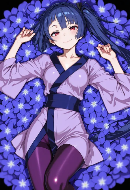 masterpiece, best quality, amazing quality, very aesthetic, high resolution, ultra-detailed, absurdres, <lora:amtsk-il:1> 1girl, amatsuku, kimono, pantyhose, smile, red eyes, lying, flower, solo, yoneyama mai, (official art:0.6), momisan, (depth of field)