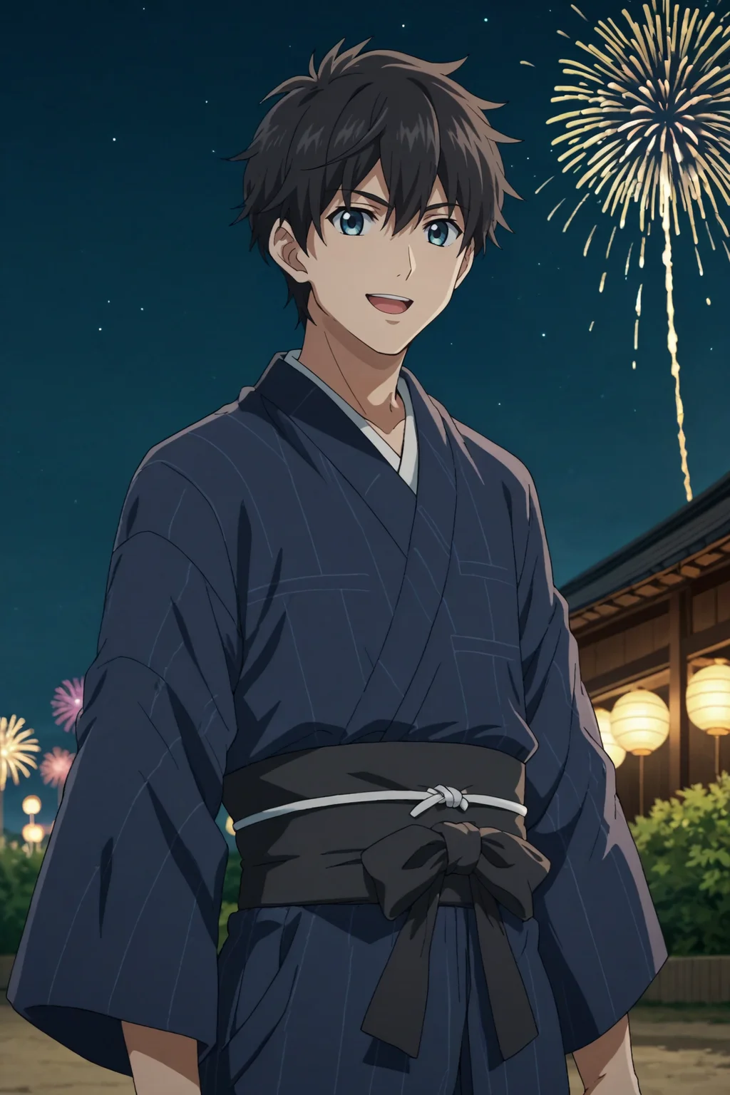 score_9, score_8_up, score_7_up,score_6_up,score_5_up,score_4_up,source_anime,BREAK, rating_safe, intricate details, , anime screencap, anime coloring, official style, depth of field,1boy, solo, male focus,<lora:arata:0.90>,kishimo arata,black hair,light blue eyes,hair between eyes,short hair,bangs,looking at viewer, smile, open mouth, standing, outdoors, sky, japanese clothes, cloud, kimono, night, night sky, hakama, blue kimono, fireworks,looking at viewer
, , , <lora:sdxl_lightning_8step_lora_315544:1>