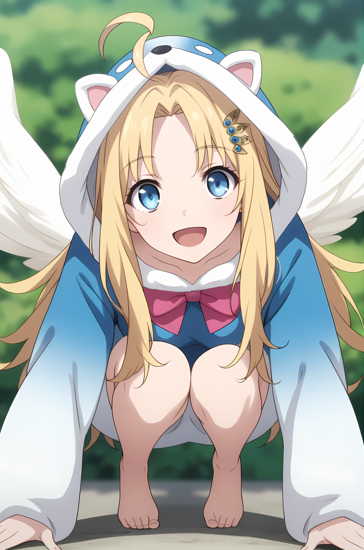 (animal costume:1.40), sh-filo, white wings, long hair, parted bangs, ahoge, hair ornament, blue eyes, 1girl, solo, skinny, (score_9, score_8_up, score_8, score_7_up), score_7, score_6_up, score_6, source_anime,
(happy:1.20),
(outdoors:1.20),
(0.2:close-up depth of field:1.30),
(:1.30), <lora:sh-filo-V01-000004:0.70>, (medium breasts), [bare legs, barefoot]