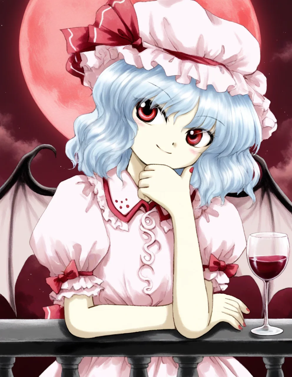 masterpiece, best quality, very aesthetic, absurdres, EoSD, solo, 1girl, remilia scarlet, light blue hair, medium hair, red eyes, hat, ribbon, red ribbon, hat ribbon, mob cap, shirt, pink shirt, puffy short sleeves, bat wings, upper body, crossed arms, head tilt, smile, holding cup, wine glass, red wine, hand on own chin, against railing, outdoors, night, red sky, red moon, vignetting, <lora:EoSD:1>