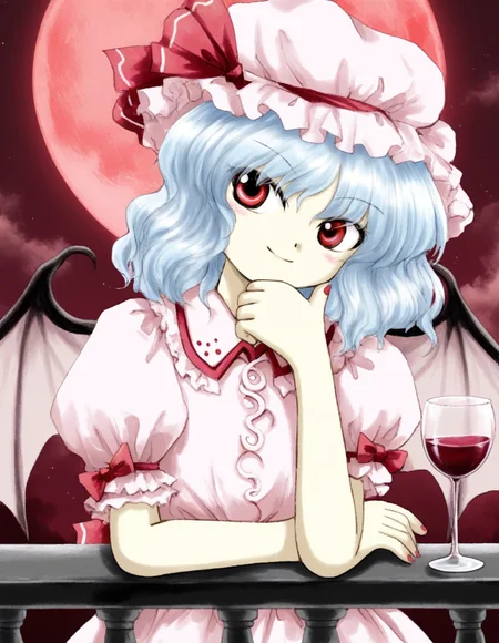masterpiece, best quality, very aesthetic, absurdres, EoSD, solo, 1girl, remilia scarlet, light blue hair, medium hair, red eyes, hat, ribbon, red ribbon, hat ribbon, mob cap, shirt, pink shirt, puffy short sleeves, bat wings, upper body, crossed arms, head tilt, smile, holding cup, wine glass, red wine, hand on own chin, against railing, outdoors, night, red sky, red moon, vignetting, <lora:EoSD:1>