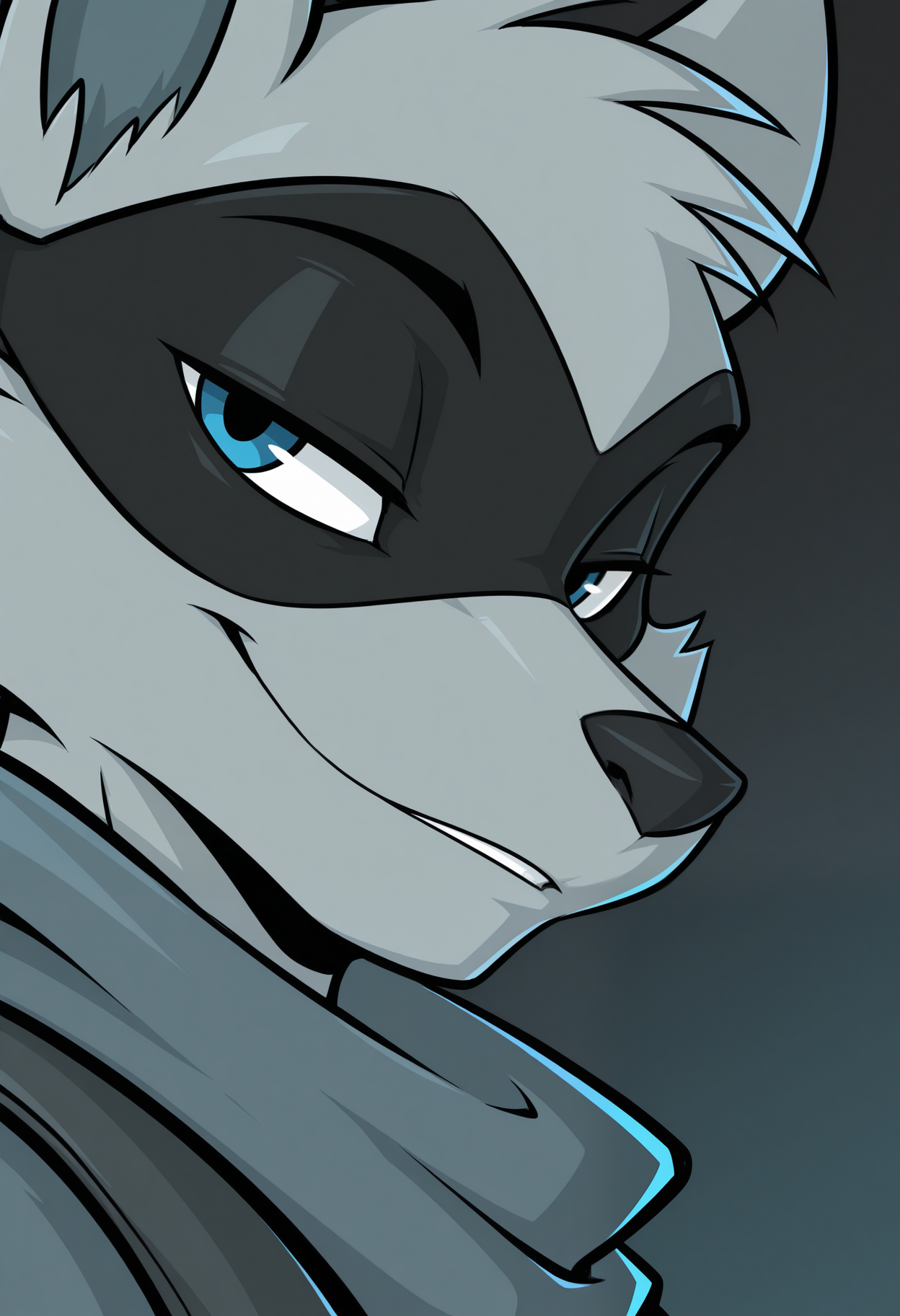 masterpiece,best quality,amazing quality, 1boy, solo, c00p3r, anthro raccoon, grey fur, blue eyes, eye mask, close up, side angle, smirk,