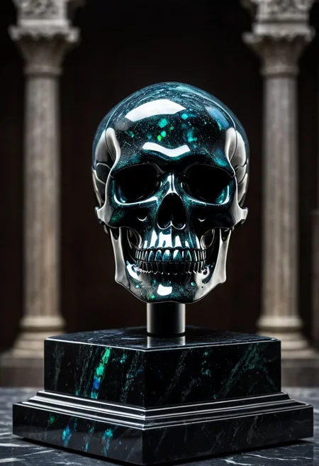 Fujifilm XT3, Sony A7 IV, (award winning photography) a black marble skull made of opal set on a pedestal in temple, glistening. in the background beautiful pillars, divine (iridescent: 0.79), opalescent textures, volumetric light, ethereal, sparkling, studio photo, highly detailed, sharp focus (highest quality: 1.39) (highest coherency: 1.39) (award winning photography), highly detailed photography, (muted colors, cinematic, dim colors, soothing tones:1.2), vibrant, insanely detailed, hyperdetailed, (dark shot:1.2), (vsco:0.3), (intricate details:0.9), (hdr, hyperdetailed:1.2) (vignette), sss