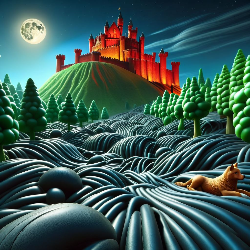 rbbrwrld castle on a rubbrwrld hill, night, wolves