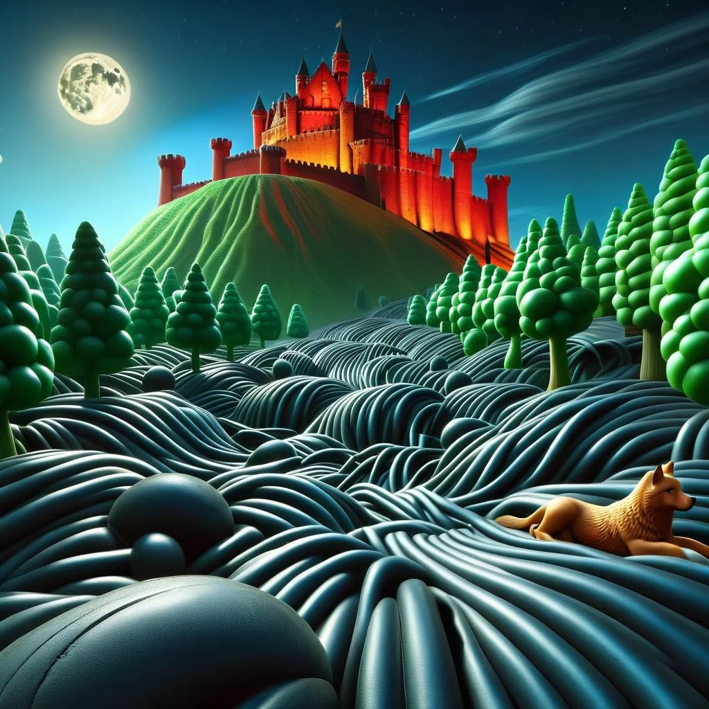 rbbrwrld castle on a rubbrwrld hill, night, wolves