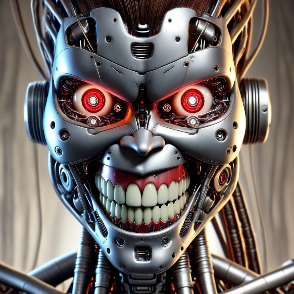 humanoid robot, 1girl, close-up, portrait, mechanical parts, no humans, realistic, solo, brown hair, strands of hair cascading down from the head, large glowing red eyes, looking at viewer, nose, smile, grin, slight dimples in the cheeks, open mouth, clenched teeth, cables protruding from the neck area, neck composed of exposed mechanical parts and wires, glowing, blurry background, cables, horror (theme)