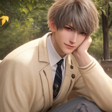 1boy, solo, male focus, slim toned male, xavier_(love_and_deepspace), slim face, blond hair, short hair, bangs, pale skin, grey blue eyes, detailed eyes, satisfaction, satisfied, neutral, detailed face,
day light, nice light, golden hour, golden theme, sparkling, smile, happy
(light coat over shoulder:1.1), white collar shirt, cream decorated sweater vest, wearing a tie, grey pants, sweaty hair, long sleeves, modest clothing, looking at viewer, from side view, relax, sitting in a bench, under a tree, tree leaves, golden hour, best light and shadow,
rating PG, score_9, score_8_up, score_7_up, source_anime, male focus, confident, manly, tall, detailed eyebrow, sharp eyebrows, random view