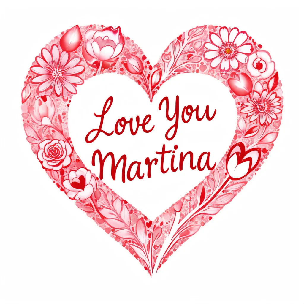 red crystal script text:"love you martina" floating inside a flower heart <lora:text:1>