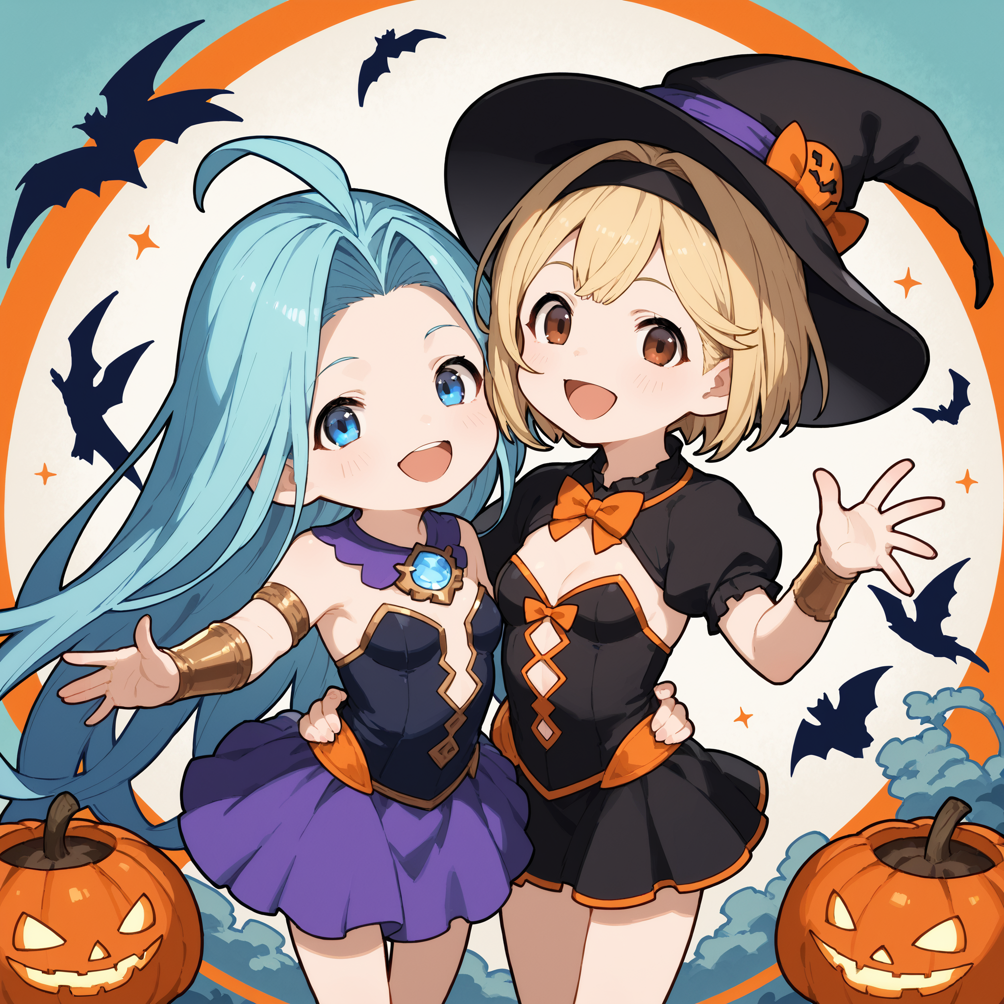 score_9, score_8_up, score_7_up,score_6_up, source_anime, best quality, aesthetic, absurdres, masterpiece, (chibi:1.1), vector graphics, flat color, 
2girls, yuri, side-by-side, (happy smile:1.1), excited, halloween, (halloween costume, happy halloween, official alternate costume:1), looking at viewer, reaching towards viewer, 
BREAK
lyria \(granblue fantasy\), (very long hair:0.8), blue hair, blue eyes, (small breasts:1.1), skinny, body_slim, witch, 
BREAK
djeeta \(granblue fantasy\), (short hair, blonde hair:1.1), (medium breasts:0.8), cleavage, brown eyes,
BREAK
<lora:JitaRuri-PonyV6:1> jitaruri, clear eyes,