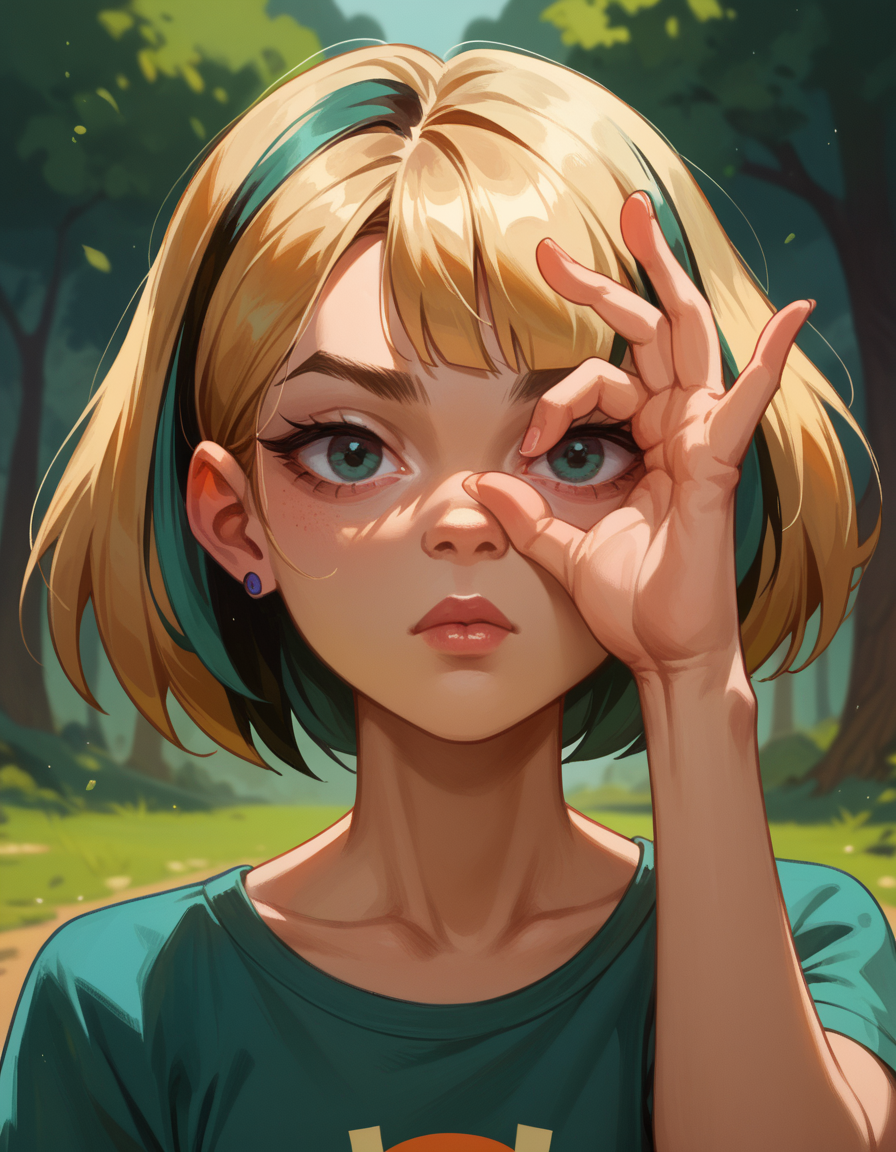 score_9, score_8_up, score_7_up, score_6_up, score_9, score_8_up, score_8, Gwen \(total drama island\) hud_illum1nat1, ok sign over face, <lora:hud_illum1nat1_XLP:1>