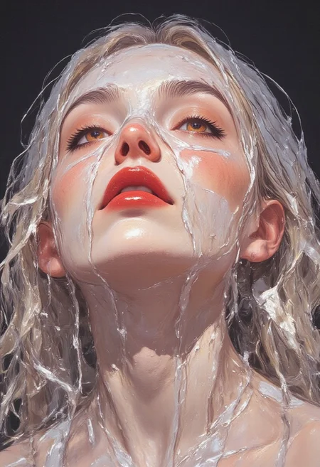 The image is a high-resolution photograph of a person's face, taken in a dramatic, almost surreal style. The subject is a woman with a fair complexion and striking features. Her face is covered with a sheer, white mesh fabric that drapes over her nose and mouth, creating a ghostly, ethereal effect. The mesh is translucent, revealing the contours of her face underneath.
Her lips are painted a vibrant, bold red, which contrasts sharply with the pale skin and the white mesh.