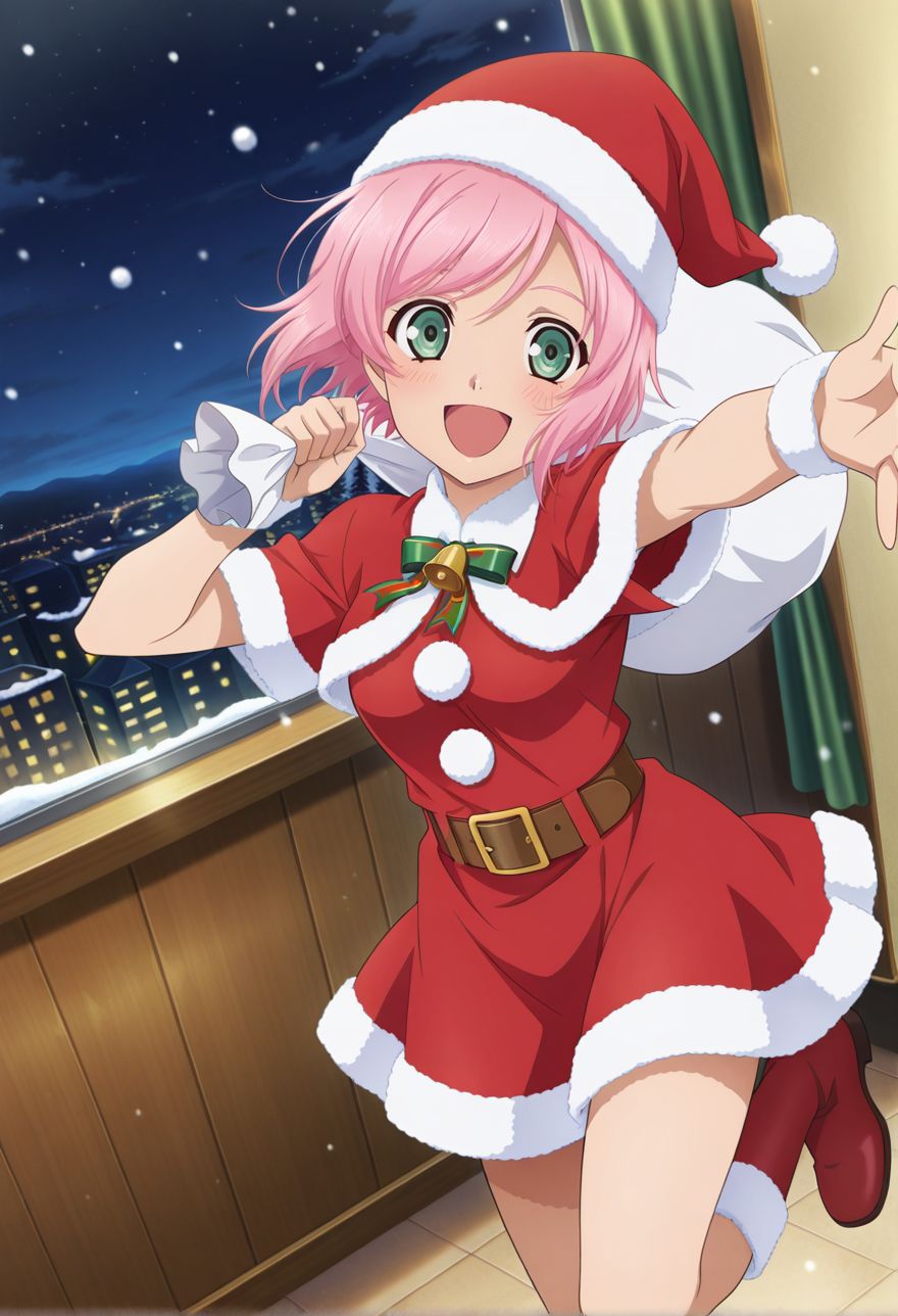 detailed eyes, beautiful, detailed background, perfect eyes,
source_anime, very aesthetic, anime coloring, masterpiece, official art,
<lora:HandFineTuning_XL:1>
BREAK,
indoor, 
standing on one leg, open smile, blush, posing,
dynamic angle, full body, 
BREAK,
<lora:estelleX_illustriousXL_v03:0.9>
estellernd, pink hair, short hair, green eyes, bangs, 
red dress, santa dress, short dress, santa hat, belt, short sleeves, fur trim, detached sleeves