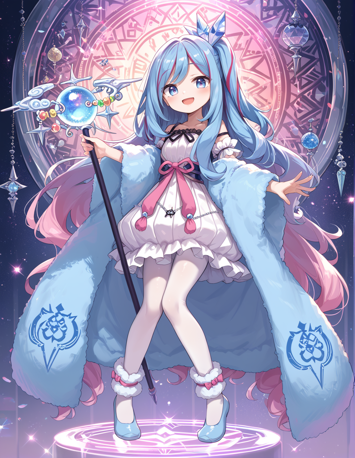 (score_9:0.9),score_8_up,score_7_up,rating_safe,anime style,(zPDXL),(zPDXL3),
<lora:Witchcrafter Madame Verre ponyXL v1:0.72>,witchcrafter madame verre, 1girl, solo, blue shoes, staff, open mouth, white pantyhose, holding staff, smile, :d, looking at viewer, magic circle, fur trim boa, white sleeveless dress, blush, full body, white detached sleeves, crystal hair ornament, one side up, white ankle cuffs
