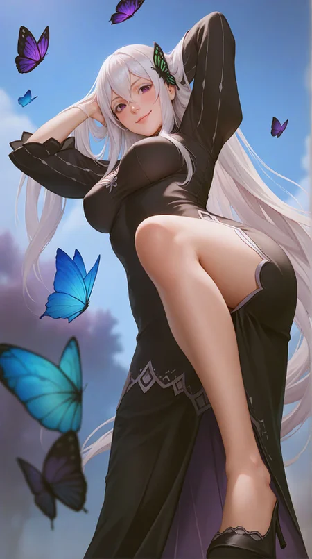 zPDXLxxx,score_9,score_8_up,score_7_up,realistic,masterpiece,best quality,perfect anatomy,very aesthetic,absurdres,
<lora:Quality tweaker_last:-2>,
<lora:Breast Slider - Pony_alpha1.0_rank4_noxattn_last:2>,
solo,blush,smile,
from side,from below,adjusting hair,arm behind head,bent over,
<lora:Echidna PonyXL Anzhc v1.6:1>,
echidna,purple eyes,white hair,hair between eyes,very long hair,butterfly hair ornament,
original dress,black dress,