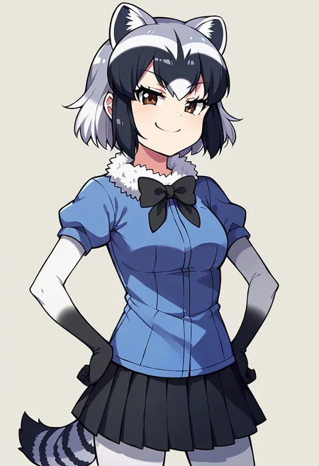 1girl, solo, best quality, ultra-detailed, extremely detailed, perfect anatomy, masterpiece, score_9, score_8_up, score_7_up, Common Raccoon (Kemono Friends), raccoon ears, brown eyes, bangs, multicolored hair, tail, raccoon tail, grey hair, black hair, white hair, short hair, black bowtie, puffy short sleeves, black gloves, elbow gloves, fur collar, pleated skirt, black skirt, blue shirt, pantyhose, black shoes, simple background, hands on hips, confident look, cute look, smug smile,