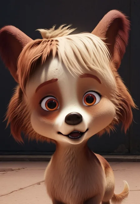batty, 1girl, female dog, feral, small dog, tri-colored fur, golden tan with a lighter face and belly, one patch over each eye of a darker tan, brown ears, amber eyes, brown and blond hair, brown paws, golden tail, big head, easynegative, score_8_up, score_7_up, BREAK, 1girl, solo, close-up, portrait, surprised, looking at viewer, detailed background, 4k, masterpiece, best quality, highly detailed, 3d, realistic,