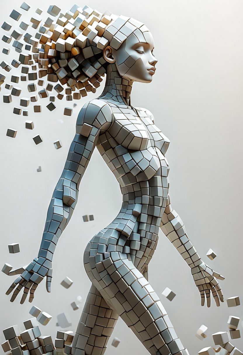 artcbd, Create an image of female figure composed entirely of cubes in various sizes. The figure should appear as if constructed from these geometric shapes, with distinct cubes forming the head, torso, arms, and legs. The cubes vary in size to represent different body parts proportionately, creating a visually interesting and abstract representation of a human body. The composition should be clear, with a focus on how the blocks assemble to mimic human anatomy. The background should be neutral to emphasize the figure