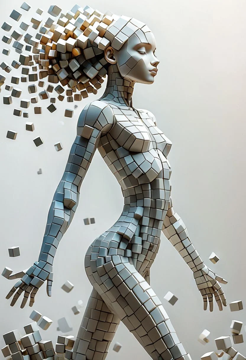 artcbd, Create an image of female figure composed entirely of cubes in various sizes. The figure should appear as if constructed from these geometric shapes, with distinct cubes forming the head, torso, arms, and legs. The cubes vary in size to represent different body parts proportionately, creating a visually interesting and abstract representation of a human body. The composition should be clear, with a focus on how the blocks assemble to mimic human anatomy. The background should be neutral to emphasize the figure