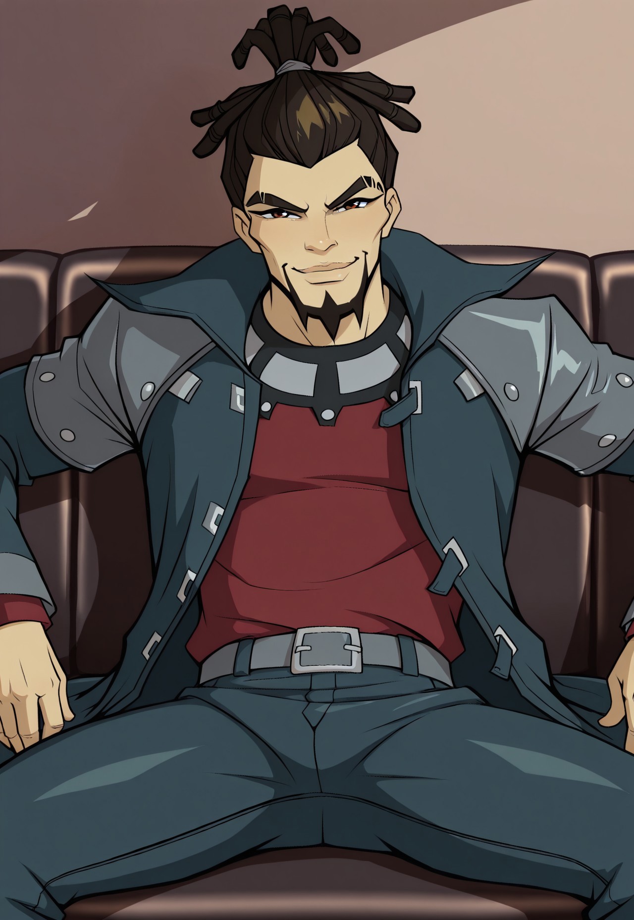 solo, masterpiece, modern, new, 1boy, male, masculine face, daddy looking face, w0lfc0nf

WinxAnagan, brown hair, dreadlocks, facial hair, coat, red shirt, pants, sitting down, sofa, manspreading, looking at viewer, smiling