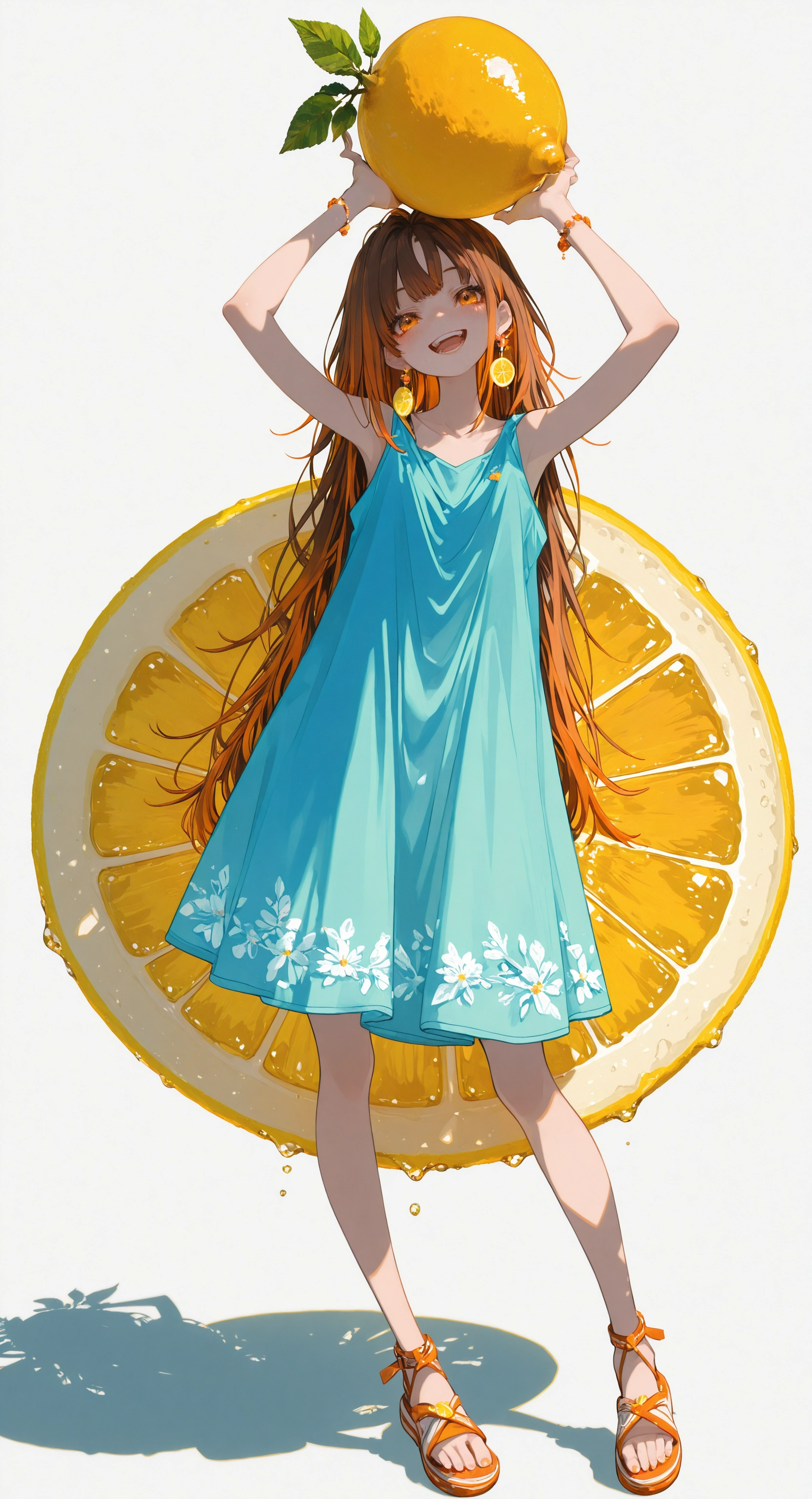 masterpiece, best quality, amazing quality, 1girl, solo, long hair, looking at viewer, blush, smile, open mouth, simple background, brown hair, white background, dress, holding, jewelry, very long hair, standing, full body, yellow eyes, :d, earrings, teeth, food, sleeveless, orange hair, arms up, orange eyes, sleeveless dress, blue dress, shadow, fruit, sandals, holding food, holding fruit, oversized object, leaning to the side, lemon, lemon slice, oversized food, food-themed earrings <lora:noobai_ep11_stabilizer_v0.138_fp16:0.3> <lora:ppw_v7_noobVv1.0:0.5> <lora:XXX667:0.5> <lora:lpc_v10:0.4> <lora:CrypticHue:1>