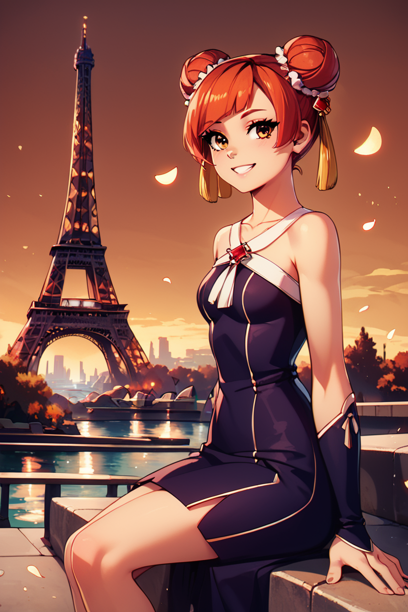 score_9, score_8_up, score_8, medium breasts, (curvy), cute, eyelashes,       BREAK, ,  zzLaufen, hair bun, double bun, red hair, short hair, brown hair, brown eyes, hair ornament, bare shoulders, black dress, collarbone,  <lora:LaufenFrieren_PDXL_v1:0.8>,  , BREAK, zzEiffelTower in background, sitting, watercraft, boat, sitting on wall, side view, looking at viewer, smile, ,,, BREAK, blooming stars, luminescent petals, otherworldly fragrance blurry background, ,,, embedding:zPDXL, Expressiveh, ,,, <lora:EiffelTowerPDXL:0.8>, <lora:CatalystStylePDXL:0.6>, <lora:SDXLFaeTastic2400:0.5>, <lora:Expressive_H-000001:0.4>,