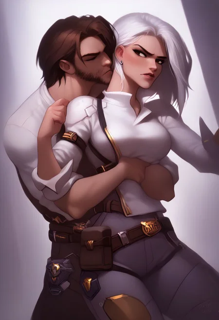 8k resolution, core_9, score_8_up, score_7_up, large angle, wide angle, photorealism, photorealistic, shiny skin: 0.5, ruanyi0481,
BREAK AsheOW and CassidyOW, Two different characters, different body's, different hair style, different clothes, different eyes, different face's, different outfits, different belt's, different pants, different shirts, different color hair, different persons,
BREAK Action description:(Ashe pushing Cassidy away), Hug lock, kiss, detailed eyes,
BREAK FIRST CHARACTER (FEMALE):(Ashe(Overwatch) description: dark-red eyes, makeup, lipstick, tattoo, women, girl, white sweater, black jeans, ick face, big chest, big boobs, big breasts, big booty, big ass, white hair, outraged face, ICK EYES,),
BREAK SECOND CHARACTER (MALE):(Cassidy(Overwatch) description: Beard, Stubble, man, boy, brown hair , brown eyes, kissing cheek , brown sweater, blue jeens, wide waist, large belt buckle that spells "BAMF", wide body, big body, big muscles, wide legs,),
<pony:Ashe:1>,<pony:Cassidy:1>