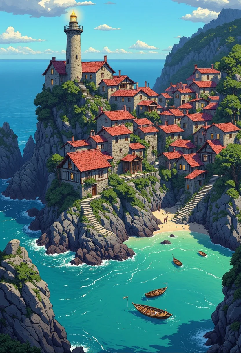 A charming coastal village with stone houses topped with red-tiled roofs, nestled on rocky cliffs by the sea. A tall lighthouse with a glowing beacon stands proudly on the edge, surrounded by lush greenery. Small wooden boats float in the clear, turquoise waters, gently lapping against the rugged shoreline. The village has narrow stone pathways, stairs carved into the rocks, and cozy warm lights glowing from the windows, creating a peaceful evening ambiance. Pixel art style, vibrant colors, high detail, with a nostalgic, serene atmosphere.