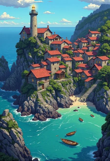 A charming coastal village with stone houses topped with red-tiled roofs, nestled on rocky cliffs by the sea. A tall lighthouse with a glowing beacon stands proudly on the edge, surrounded by lush greenery. Small wooden boats float in the clear, turquoise waters, gently lapping against the rugged shoreline. The village has narrow stone pathways, stairs carved into the rocks, and cozy warm lights glowing from the windows, creating a peaceful evening ambiance. Pixel art style, vibrant colors, high detail, with a nostalgic, serene atmosphere.
