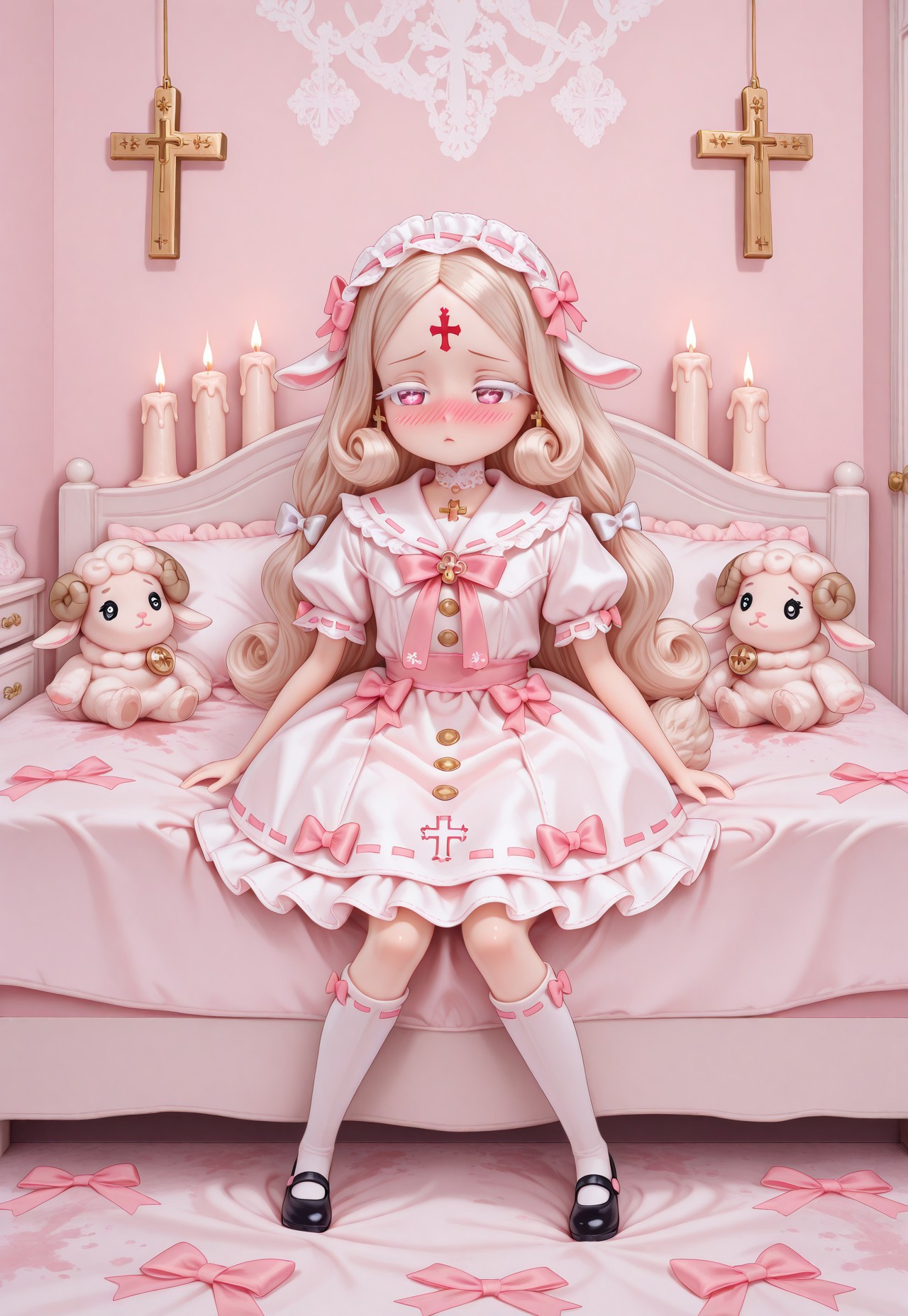 ((fullbody)) 1girl, solo, solo female, ((Licca-chan : 1.2)), moe, kawaii, cute, doll_joints, pale skin, porcelain white skin, sheep girl, white floppy lamb ears, white sheep tail, long hair, flowy hair, tousled hair, parted bangs, wavy sidelocks, warm white hair, big eyes, narrowed eyes, pink eyes, cross shaped pupils, white colored eyelashes, blush, full face blush, dot mouth, forehead tattoo, red bloody cross forehead tattoo, holding stuffed animal, white lamb stuffed animal, (holding white lamb stuffed animal), ((doll clothes)), white collared puffy dress, white frilled sailor collar, (white lining on frilled sailor collar), white oversized puffy short sleeves, ribbon-trimmed sleeves, pastel pink ribbon trim, (pastel pink bows attached to white sleeves), buttons, gold small cross-shaped buttons, bows, multiple bows, too many bows, frilled bows, light pink bows, white bows, hair ribbons, white frilled headband, cross hair ornament, gilded dainty jewelry, gold cross earrings, white lace choker, pastel pink neck ribbon, crucifix, gold crucifix pendant, white kneehighs, black mary janes shoes, chunky soles, (detailed scenery, detailed background : 1.1), indoors, white girly bedroom, sitting on a white chair, in front of a cozy bed, near porcelain white vanity covered in religious statues and candles, white and pale pink theme, frilled pillows, girly stuffed toys, stuffed sheep, bed, blood-stained sheets, blankets, bookshelves, nightstand, crosses, crucifixes)