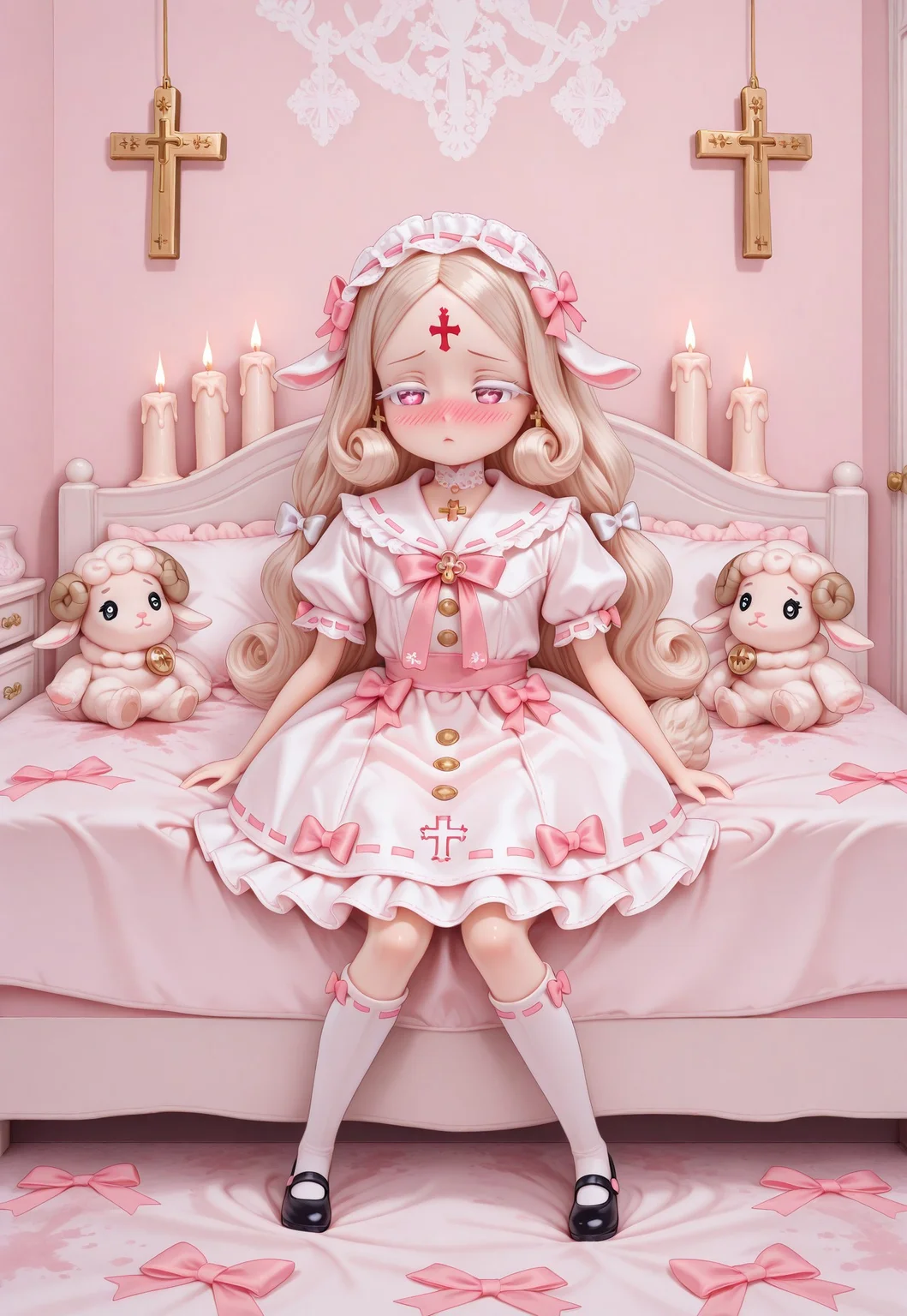 ((fullbody)) 1girl, solo, solo female, ((Licca-chan : 1.2)), moe, kawaii, cute, doll_joints, pale skin, porcelain white skin, sheep girl, white floppy lamb ears, white sheep tail, long hair, flowy hair, tousled hair, parted bangs, wavy sidelocks, warm white hair, big eyes, narrowed eyes, pink eyes, cross shaped pupils, white colored eyelashes, blush, full face blush, dot mouth, forehead tattoo, red bloody cross forehead tattoo, holding stuffed animal, white lamb stuffed animal, (holding white lamb stuffed animal), ((doll clothes)), white collared puffy dress, white frilled sailor collar, (white lining on frilled sailor collar), white oversized puffy short sleeves, ribbon-trimmed sleeves, pastel pink ribbon trim, (pastel pink bows attached to white sleeves), buttons, gold small cross-shaped buttons, bows, multiple bows, too many bows, frilled bows, light pink bows, white bows, hair ribbons, white frilled headband, cross hair ornament, gilded dainty jewelry, gold cross earrings, white lace choker, pastel pink neck ribbon, crucifix, gold crucifix pendant, white kneehighs, black mary janes shoes, chunky soles, (detailed scenery, detailed background : 1.1), indoors, white girly bedroom, sitting on a white chair, in front of a cozy bed, near porcelain white vanity covered in religious statues and candles, white and pale pink theme, frilled pillows, girly stuffed toys, stuffed sheep, bed, blood-stained sheets, blankets, bookshelves, nightstand, crosses, crucifixes)