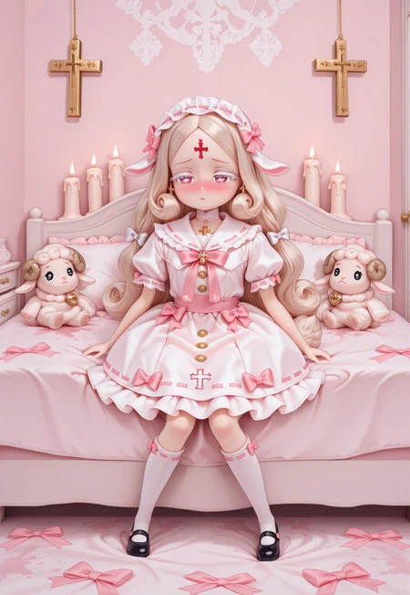 ((fullbody)) 1girl, solo, solo female, ((Licca-chan : 1.2)), moe, kawaii, cute, doll_joints, pale skin, porcelain white skin, sheep girl, white floppy lamb ears, white sheep tail, long hair, flowy hair, tousled hair, parted bangs, wavy sidelocks, warm white hair, big eyes, narrowed eyes, pink eyes, cross shaped pupils, white colored eyelashes, blush, full face blush, dot mouth, forehead tattoo, red bloody cross forehead tattoo, holding stuffed animal, white lamb stuffed animal, (holding white lamb stuffed animal), ((doll clothes)), white collared puffy dress, white frilled sailor collar, (white lining on frilled sailor collar), white oversized puffy short sleeves, ribbon-trimmed sleeves, pastel pink ribbon trim, (pastel pink bows attached to white sleeves), buttons, gold small cross-shaped buttons, bows, multiple bows, too many bows, frilled bows, light pink bows, white bows, hair ribbons, white frilled headband, cross hair ornament, gilded dainty jewelry, gold cross earrings, white lace choker, pastel pink neck ribbon, crucifix, gold crucifix pendant, white kneehighs, black mary janes shoes, chunky soles, (detailed scenery, detailed background : 1.1), indoors, white girly bedroom, sitting on a white chair, in front of a cozy bed, near porcelain white vanity covered in religious statues and candles, white and pale pink theme, frilled pillows, girly stuffed toys, stuffed sheep, bed, blood-stained sheets, blankets, bookshelves, nightstand, crosses, crucifixes)